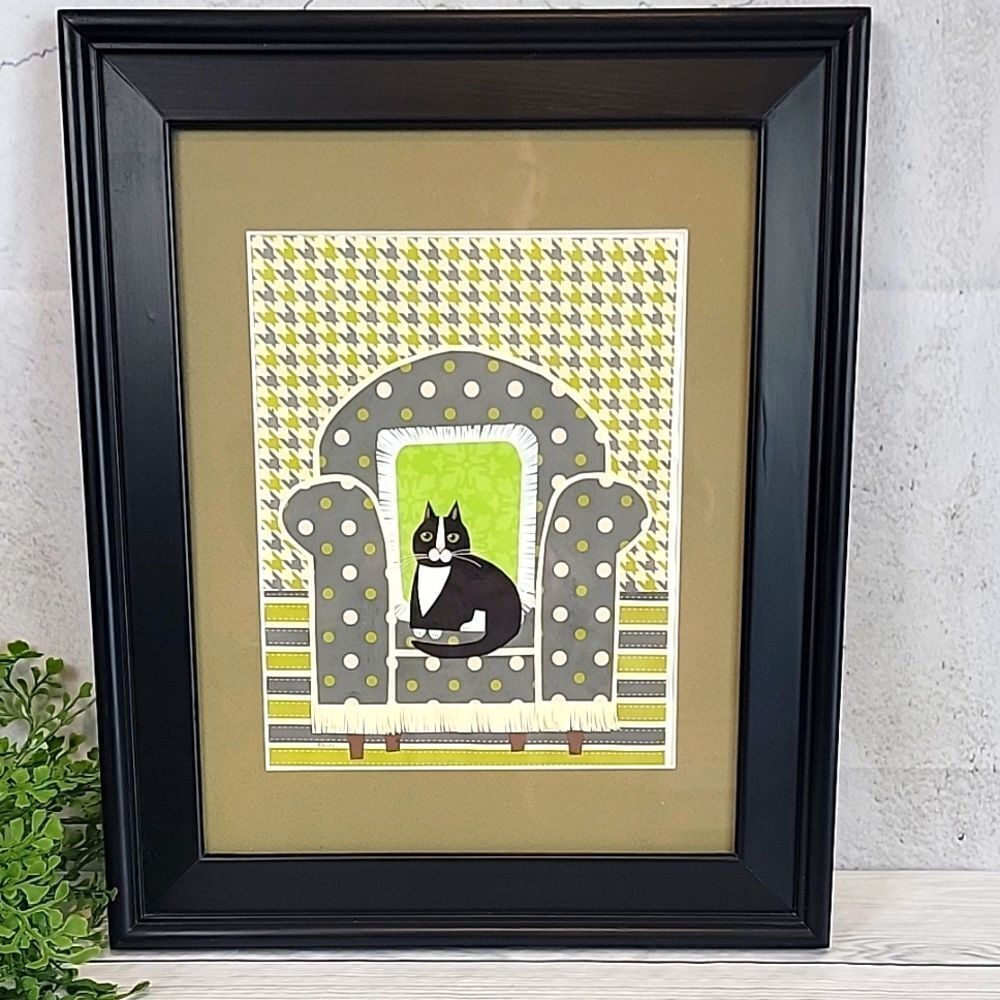 Handmade paper art collage of cat on couch Framed 17" X 14"